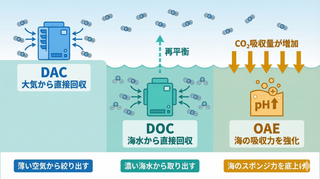 CO₂除去の3つのアプローチを比較した概念図。左のDAC（ブルー）は大気からCO₂を直接回収、中央のDOC（ティール）は海水からCO₂を分離・回収し大気からの再平衡を促す、右のOAE（アンバー）は海のアルカリ度を高めて大気からの吸収量を増やす仕組み