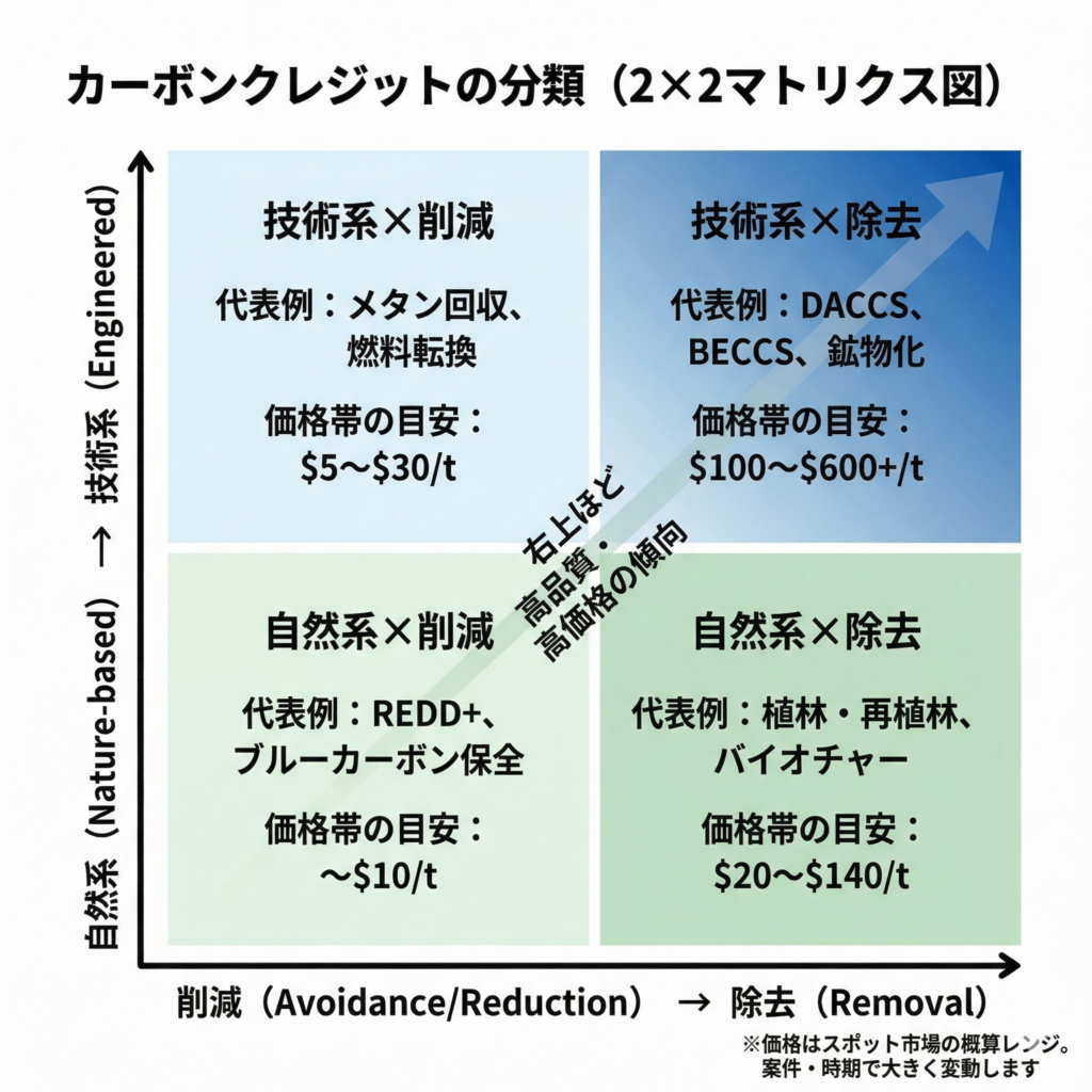カーボンクレジットの種類を示す2×2マトリクス図。横軸は「削減」から「除去」、縦軸は「自然系」から「技術系」。左下の自然系×削減（REDD+等、約10ドル/t）から右上の技術系×除去（DACCS等、100〜600ドル超/t）に向かって、価格帯が高くなる傾向が色のグラデーションで表されている。
