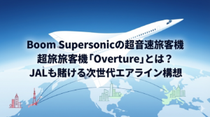 Boom Supersonicの超音速旅客機Overtureが地球上空を飛ぶフラットイラスト