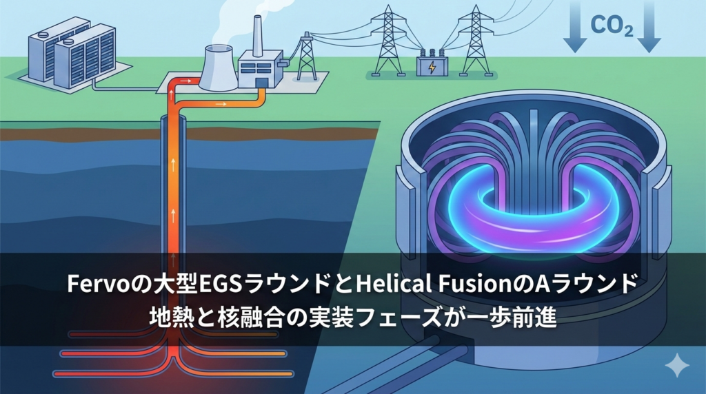次世代クリーンエネルギーのイメージ図。左側に拡張地熱システム（EGS）の地中断面と発電施設、右側に青く発光するプラズマを持つヘリカル型核融合炉を描写。中央に「Fervoの大型EGSラウンドとHelical FusionのAラウンド」「地熱と核融合の実装フェーズが一歩前進」というブログ記事タイトルを配置。