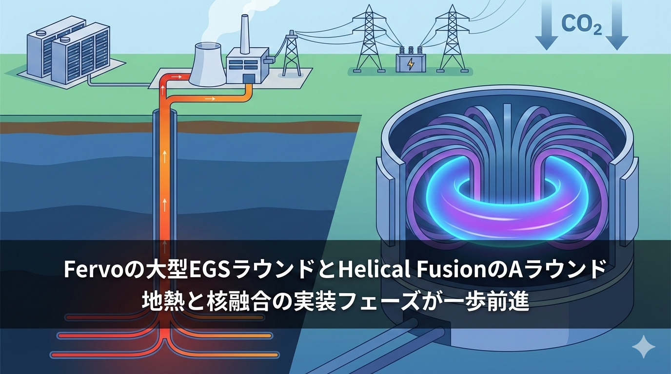 次世代クリーンエネルギーのイメージ図。左側に拡張地熱システム（EGS）の地中断面と発電施設、右側に青く発光するプラズマを持つヘリカル型核融合炉を描写。中央に「Fervoの大型EGSラウンドとHelical FusionのAラウンド」「地熱と核融合の実装フェーズが一歩前進」というブログ記事タイトルを配置。