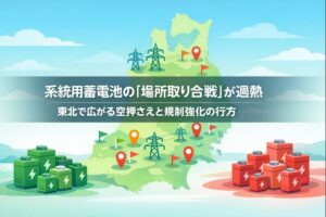 東北地方マップ上に系統用蓄電池と送電線、場所取り合戦を示すピンが並ぶイラスト