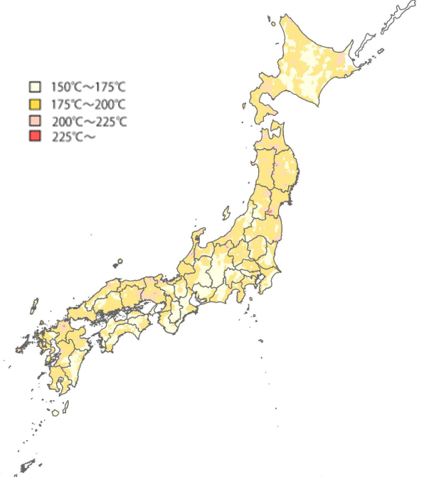 日本全国の地下3kmにおける推定温度分布を示した高温域マップ。150℃以上のゾーンが色分けされている。
