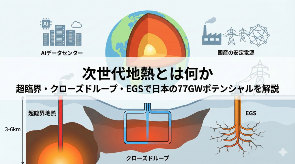 次世代地熱（超臨界・クローズドループ・EGS）と日本の77GWポテンシャル解説記事のアイキャッチ画像。地熱井と地下断面のイラストに記事タイトルを中央配置。