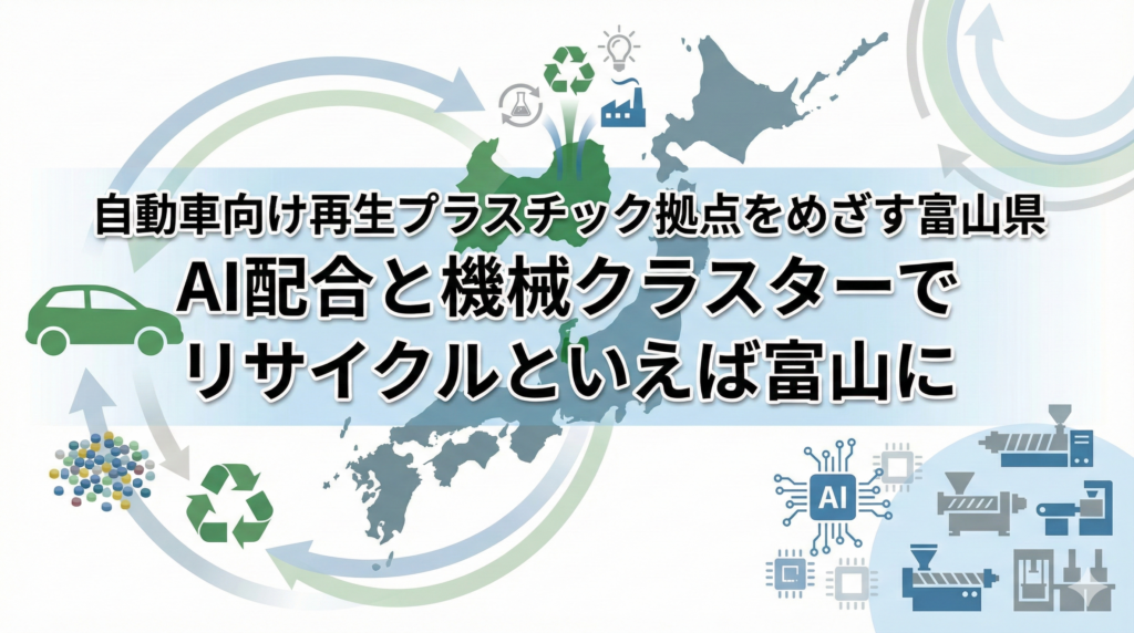 自動車と日本地図の富山県を組み合わせた再生プラスチック拠点のイメージ図（AI配合とリサイクル機械クラスターを表現）