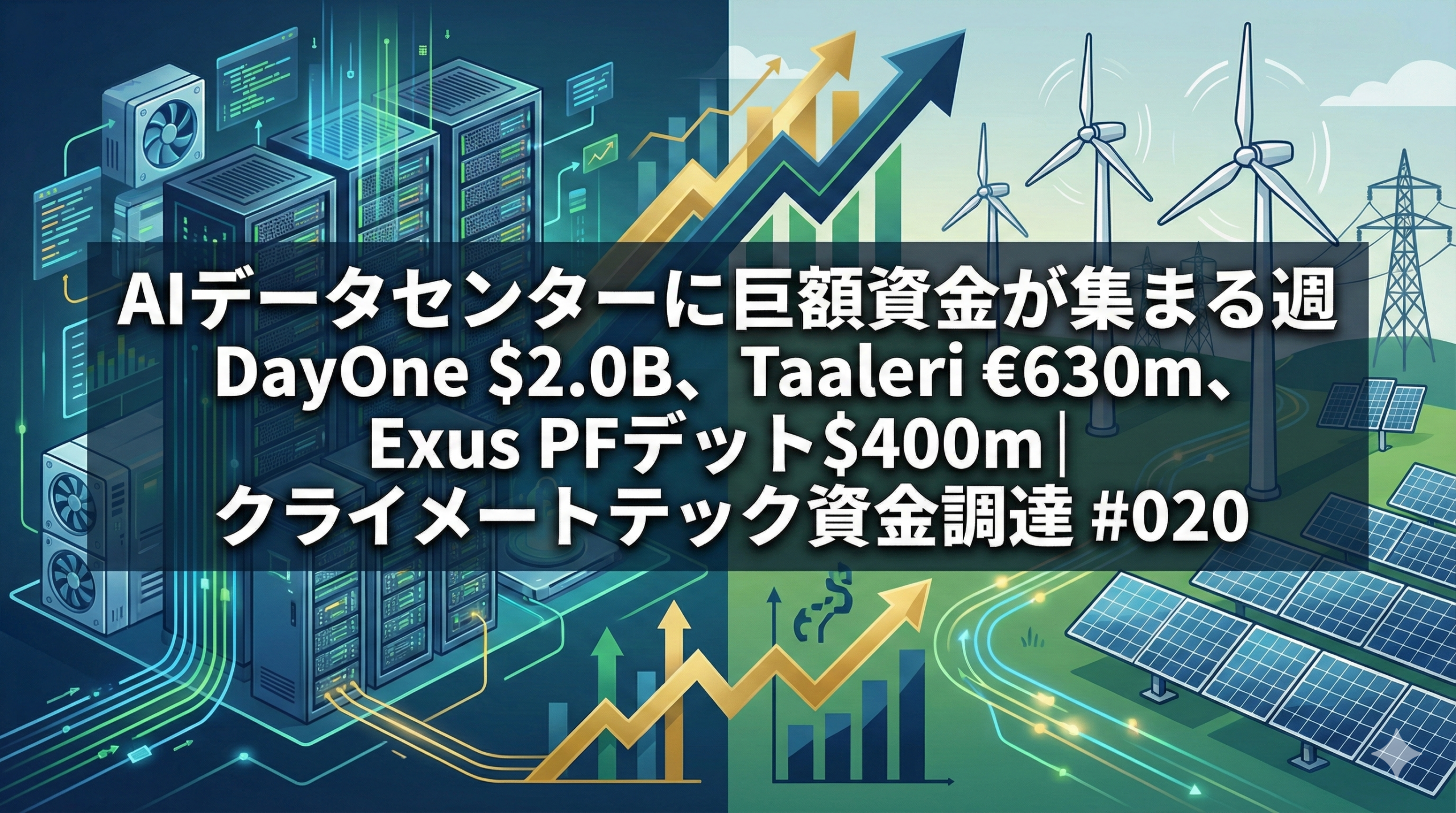 AIデータセンターと再生可能エネルギー設備に巨額投資が流れ込む様子を描いたイラストアイキャッチ