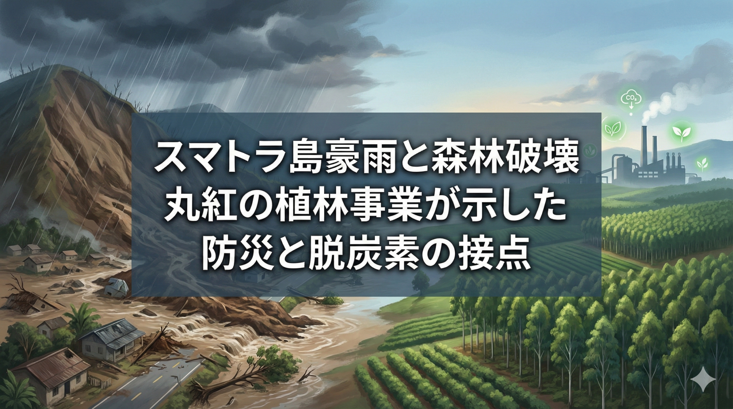 「スマトラ島豪雨と森林破壊　丸紅の植林事業が示した防災と脱炭素の接点」というタイトル文字が中央に配置されたイラスト。左半分は激しい雨の下、山肌が崩れ土石流に飲み込まれる集落が暗い色調で描かれ、右半分は整然と並ぶ緑豊かな植林地と、その奥にCO₂削減を示す葉のアイコンが浮かぶ工場が明るい色調で描かれている。森林破壊による災害と、持続可能な森林管理による防災・脱炭素の対比を表現した画像。