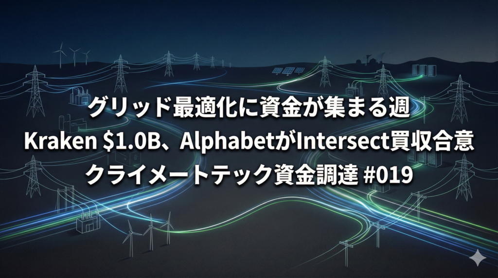 グリッド最適化を象徴する送電網とデータの流れのイラスト。中央に「グリッド最適化に資金が集まる週　Kraken $1.0B、AlphabetがIntersect買収合意　クライメートテック資金調達 #019」