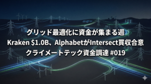グリッド最適化を象徴する送電網とデータの流れのイラスト。中央に「グリッド最適化に資金が集まる週　Kraken $1.0B、AlphabetがIntersect買収合意　クライメートテック資金調達 #019」