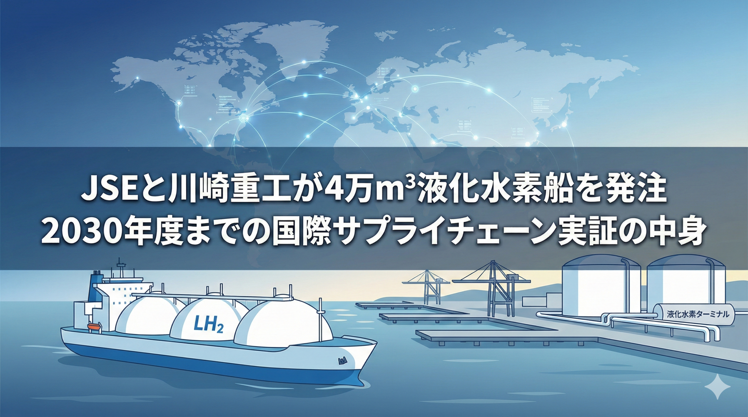 JSEと川崎重工が発注した4万m³級液化水素運搬船と川崎LH₂ターミナルをイメージした国際水素サプライチェーンの概念イラスト