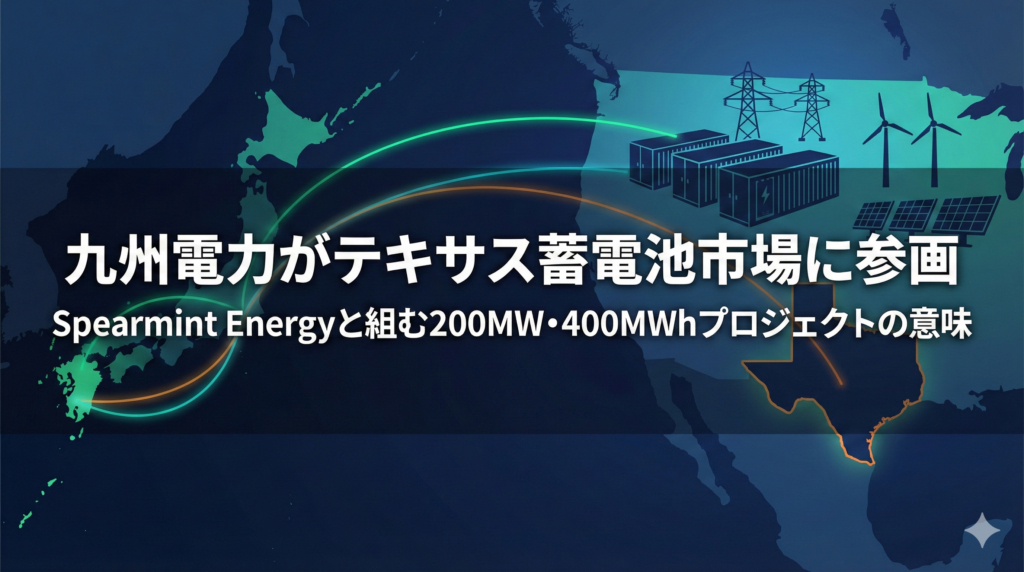 九州電力とテキサス蓄電池市場を結ぶイメージ図 キャプション 九州電力が参画するテキサス州の大規模蓄電池プロジェクトをイメージした図（NetZero Insights Japan作成）