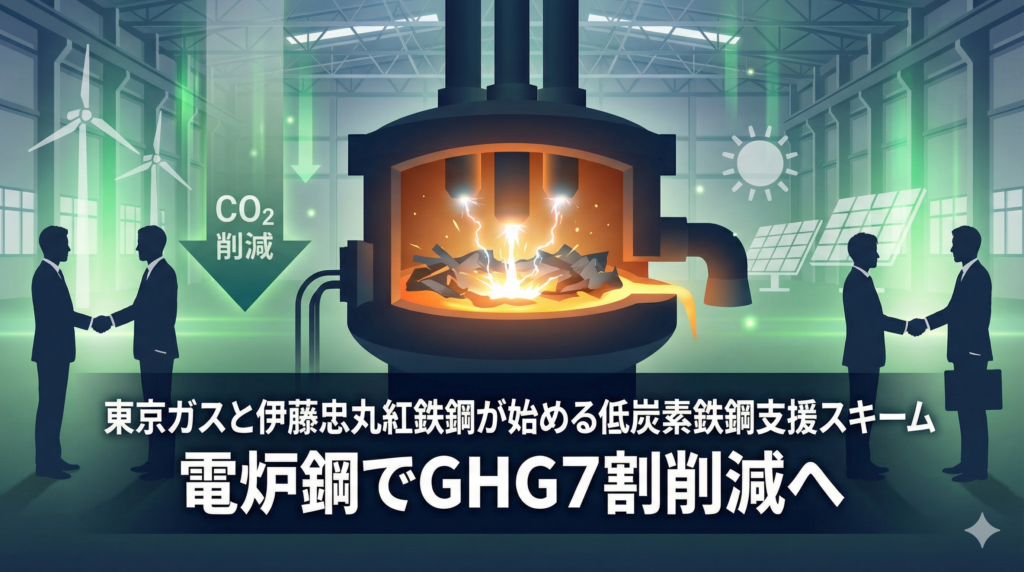 電気炉から溶けた鉄が輝き、背景に風力・太陽光アイコンが描かれた低炭素鉄鋼支援スキームのイメージイラスト