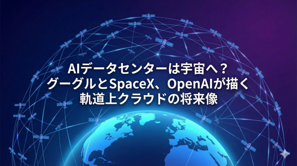 宇宙空間に浮かぶ青い地球と、その周囲を網の目のように取り囲む多数の人工衛星ネットワークを描いたホログラム調のイラスト。中央に「AIデータセンターは宇宙へ？ グーグルとSpaceX、OpenAIが描く軌道上クラウドの将来像」という白いタイトル文字が配置されたアイキャッチ画像。