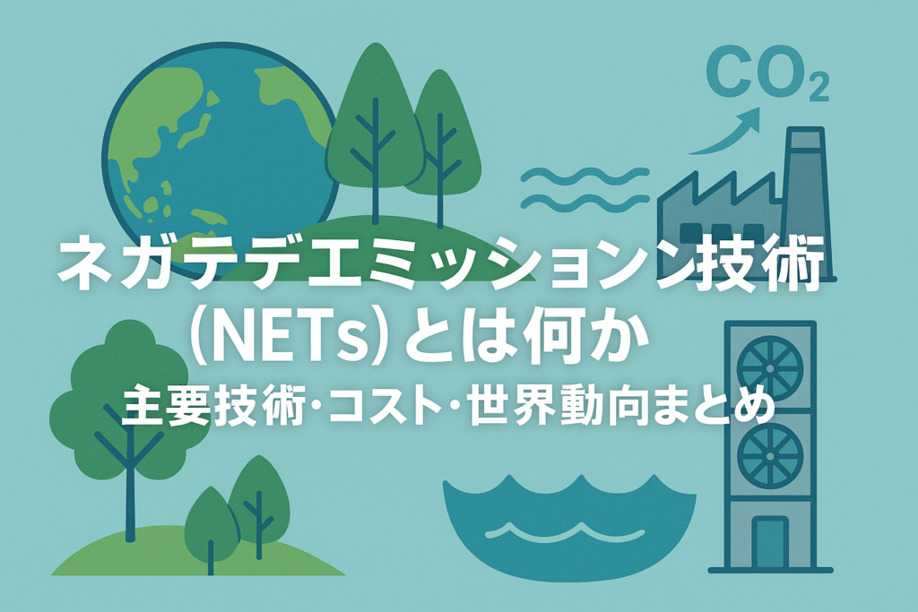 農地と草地の断面で、植物の根の周りに土壌有機炭素が蓄積し、空気中のCO₂が矢印で土壌へ取り込まれている様子を示したイラスト。土壌炭素貯留が農業と両立するネガティブエミッション技術であることを表現している。