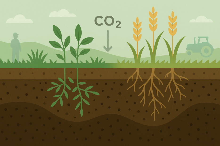 農地と草地の断面図で、地上には小麦とカバークロップが生え、背景に農家とトラクターのシルエットが見える。地下には深く伸びた根のまわりに黒い点として土壌有機炭素が描かれ、上空のCO₂から矢印が土壌へ向かう、土壌炭素貯留のイメージイラスト。