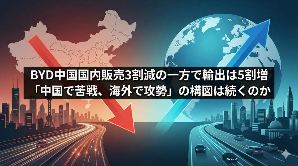 BYDの中国国内販売減少と輸出拡大を対比したイメージ
