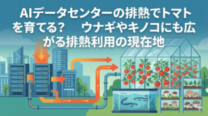 ブログのアイキャッチ画像。画像中央に白い大きな文字で「AIデータセンターの排熱でトマトを育てる？　ウナギやキノコにも広がる排熱利用の現在地」というタイトルが書かれている。イラストの左側にはサーバーラックが並ぶデータセンターの建物があり、そこからオレンジ色の太い矢印とパイプで熱が右側へ供給されている。右側には、パイプが接続されたガラス温室で赤いトマトがたくさん実っており、その隣にはウナギが泳ぐ水槽と、キノコが栽培されている棚が並んでいる。背景は青と緑を基調とした落ち着いたフラットデザイン。