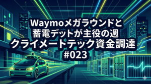 「Waymoメガラウンドと蓄電デットが主役の週 クライメートテック資金調達 #023」というタイトルのアイキャッチ画像。背景はネオンが輝く夜の近未来都市で、左側には自動運転のロボットタクシーが走り、右側には巨大な蓄電池コンテナが並んでいるフラットイラスト。