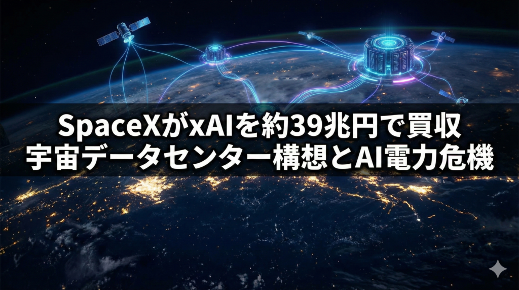 SpaceXによる宇宙データセンター構想をイメージした、地球と軌道上データセンター群と通信ネットワークのイラスト