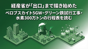 記事のアイキャッチ画像。ダークグリーンの背景の下部に、ペロブスカイト太陽電池が貼られたビル、製鉄所、水素タンクの3つのモチーフがアイソメトリックイラストで描かれている。上部中央に白文字で「経産省が『出口』まで描き始めた　ペロブスカイト5GW・グリーン鉄試行工事・水素300万トンの行程表を読む」と表示されている。