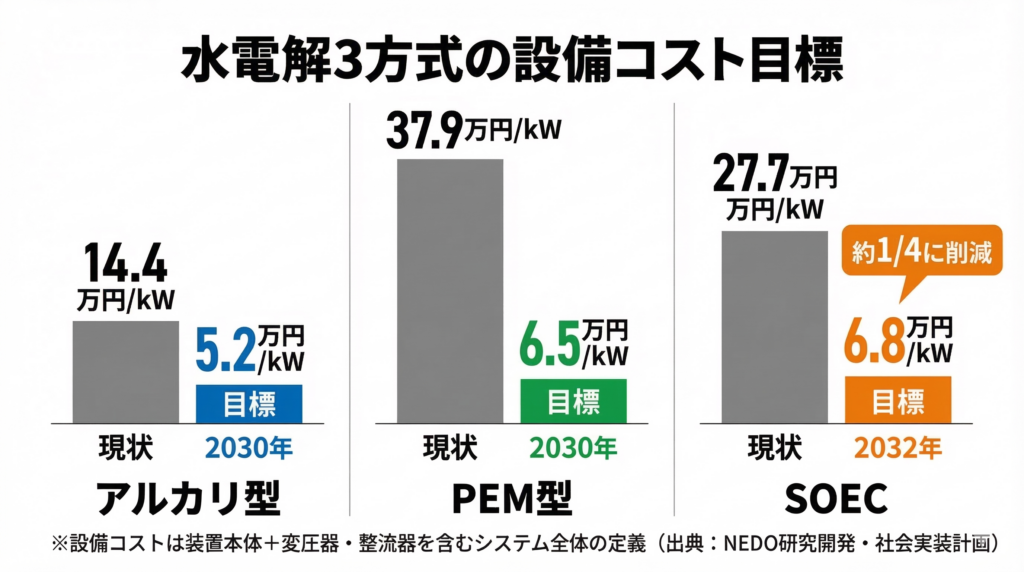 水電解3方式（アルカリ型・PEM型・SOEC）の現状設備コストと目標設備コストを比較した棒グラフ。SOECは現状27.7万円/kWから2032年までに6.8万円/kWへ約4分の1に削減する目標が示されている。