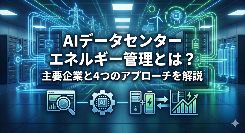 未来的なデータセンターを背景にした、AIデータセンターのエネルギー管理に関するブログ記事のアイキャッチ画像。中央に日本語タイトル「AIデータセンター エネルギー管理とは？ 主要企業と4つのアプローチを解説」が配置されている。上部には送電網、風力、太陽光、AI脳のアイコンがデータセンターと融合したビジュアル。下部には、左から右へ「見える化（ダッシュボード）」、「BoP自動制御（歯車とAI）」、「統合運転（サーバーとバッテリー）」、「DR・VPP連携（エネルギーグラフ）」を示す4つのアイコンが、段階的な矢印でつながっている。