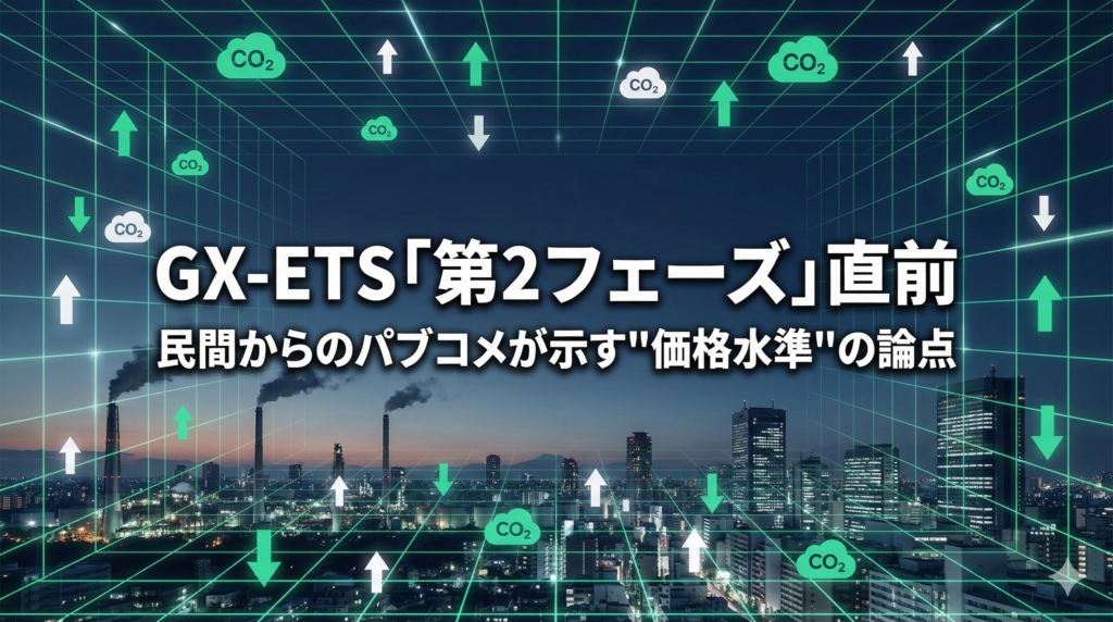 日本の工業都市の遠景パノラマ夜景。エメラルドグリーンに発光するデジタルグリッドが重なり、グリッド上には上下の価格矢印とCO2分子アイコンが浮かんでいます。画像中央には、白文字の太めのゴシック体で「GX-ETS「第2フェーズ」直前」と「民間からのパブコメが示す"価格水準"の論点」というテキストがドロップシャドウ付きで中央揃えで配置されています。