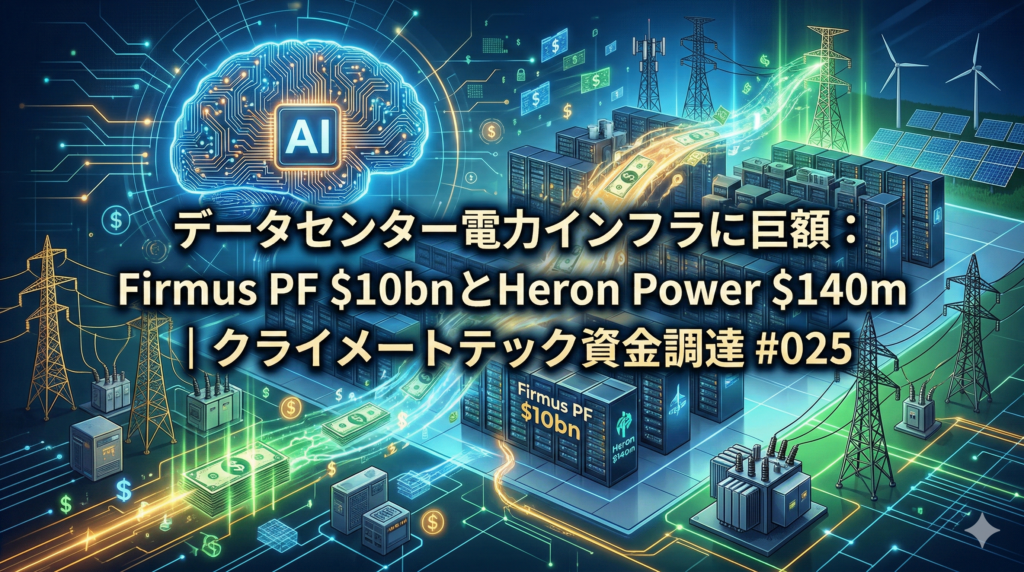 未来的なデジタルイラスト。左上に光るAIの脳、中央下にサーバーラックが並ぶデータセンターと巨大なエネルギー貯蔵バッテリーパック。AIからインフラへ、緑色のドル紙幣のような光の束が流れている。背景には送電鉄塔、風力タービン、ソーラーパネルがある。中央に黄色と白の文字で「データセンター電力インフラに巨額：Firmus PF $10bnとHeron Power $140m ｜ クライメートテック資金調達 #025」というテキスト。データセンターの施設に「Firmus PF $10bn」、バッテリーに「Heron Power $140m」のラベルがある。