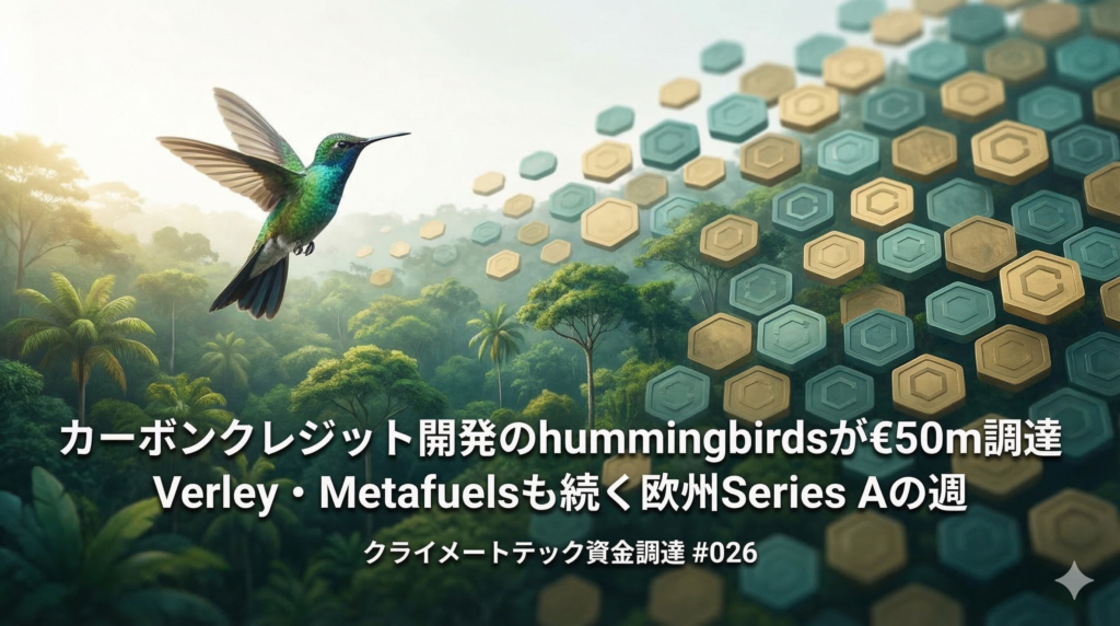 深いグリーンの熱帯雨林の上空を、1羽の鮮やかなハチドリが飛んでいる。背景に向かって、樹冠がゴールドとティール（青緑）の六角形をした「カーボンクレジットトークン」の抽象的なパターンへと溶け込むように変化している。左側からは柔らかな朝の光が差し込み、白く澄んだ空が広がっている。画像中央には白抜きで「カーボンクレジット開発のhummingbirdsが€50m調達　Verley・Metafuelsも続く欧州Series Aの週」というタイトルと、その下に「クライメートテック資金調達 #026」というサブタイトルが配置されている。