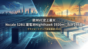 クライメートテック資金調達 #028のアイキャッチ画像。左半分に青く光るサーバーラックが並ぶ未来的なデータセンター、右半分にカリフォルニアの夕景を背景とした大型蓄電池施設が描かれ、対角線上のエネルギーフローで両者がつながるイラスト。中央に「欧州VC史上最大 Nscale $2Bと蓄電池Nighthawk $920m、合計$4B超 クライメートテック資金調達 #028」の文字。