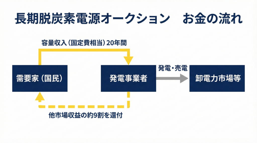 長期脱炭素電源オークションの資金フロー図。需要家から発電事業者へ容量収入（固定費相当）が20年間支払われ、発電事業者は卸電力市場等で発電・売電を行い、他市場収益の約9割を需要家側に還付する仕組みを示す。