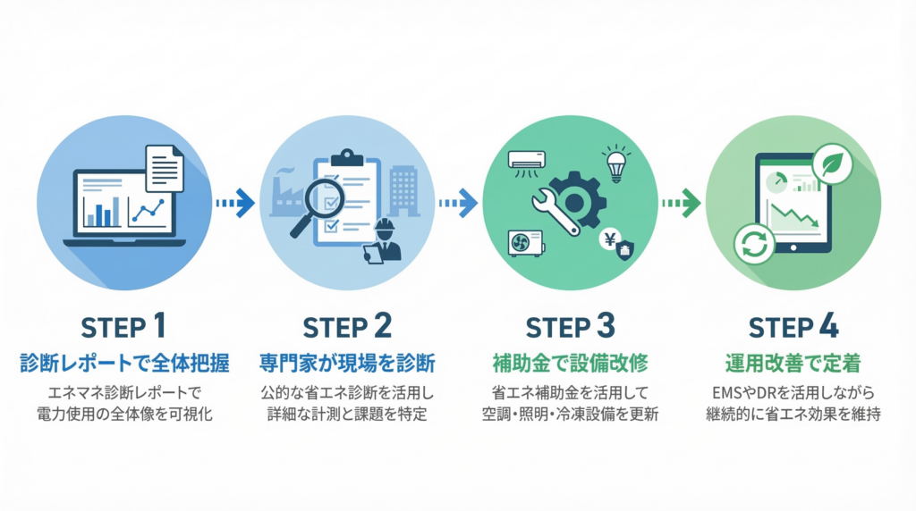 中小企業の省エネ活用ステップを示す4段階のロードマップ図。診断レポートで全体を把握し、専門家の現場診断、補助金を活用した設備改修、運用改善による定着へと段階的に進む流れ。