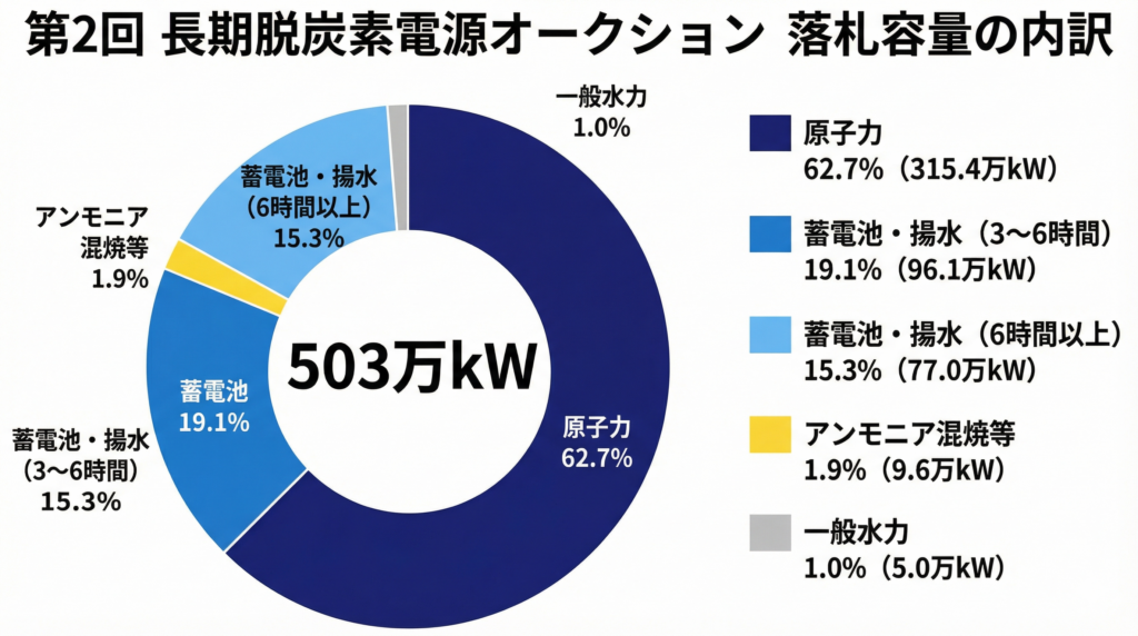 第2回長期脱炭素電源オークション落札容量の内訳を示すドーナツチャート。既設原子力315.3万kW（62.7%）、蓄電池・揚水（3〜6時間）96.1万kW（19.1%）、蓄電池・揚水（6時間以上）76.9万kW（15.3%）、アンモニア混焼等9.5万kW（1.9%）、一般水力5.2万kW（1.0%）。合計503万kW。