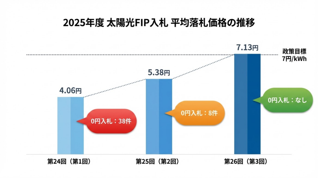 2025年度太陽光FIP入札の平均落札価格推移を示す棒グラフ。第24回4.06円、第25回5.38円、第26回7.13円と右肩上がりに推移し、0円入札は38件から0件に減少した。