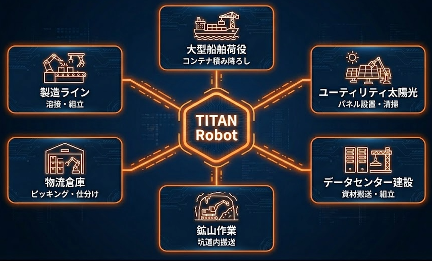 RoboForceのTITANロボットが稼働する6つの産業領域を示した放射状マップ。
中央のハブから太陽光発電・データセンター建設・鉱山作業・
物流倉庫・製造ライン・大型船舶荷役の6方向に線が伸びている。