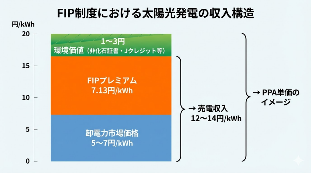 FIP制度における太陽光発電事業者の収入構造を示す積み上げ図。卸電力市場価格5〜7円にFIPプレミアム7.13円を加えた売電収入が12〜14円前後、さらに環境価値を上乗せした金額がPPA単価のイメージとなる。