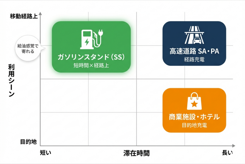 EV充電スポットのポジショニングマップ。横軸が滞在時間、縦軸が利用シーン。ガソリンスタンドは短時間×移動経路上、高速道路SAは経路充電、商業施設・ホテルは目的地充電に位置する
