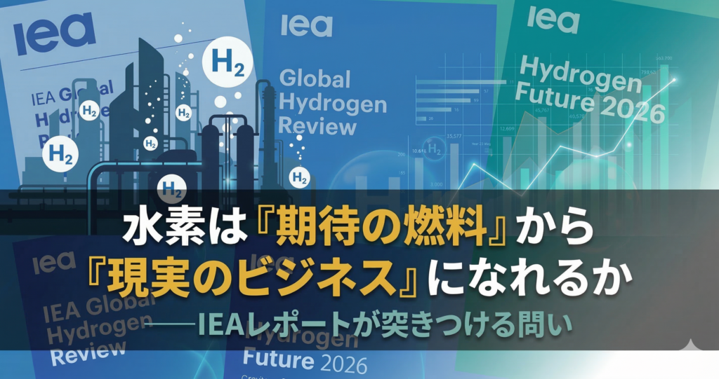 水素プラントやパイプラインのシルエットとデータグラフが重なる背景に「水素は『期待の燃料』から『現実のビジネス』になれるか——IEAレポートが突きつける問い」のタイトル文字を配置したアイキャッチ画像