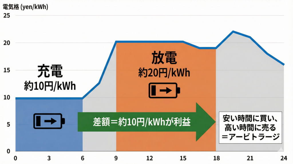 蓄電所のアービトラージ(裁定取引)の概念図。夜間の安い電力価格帯(約10円/kWh)で充電し、昼間の高い価格帯(約20円/kWh)で放電することで、差額の約10円/kWhを利益として得る仕組みを、24時間の電力価格カーブとともに示している。