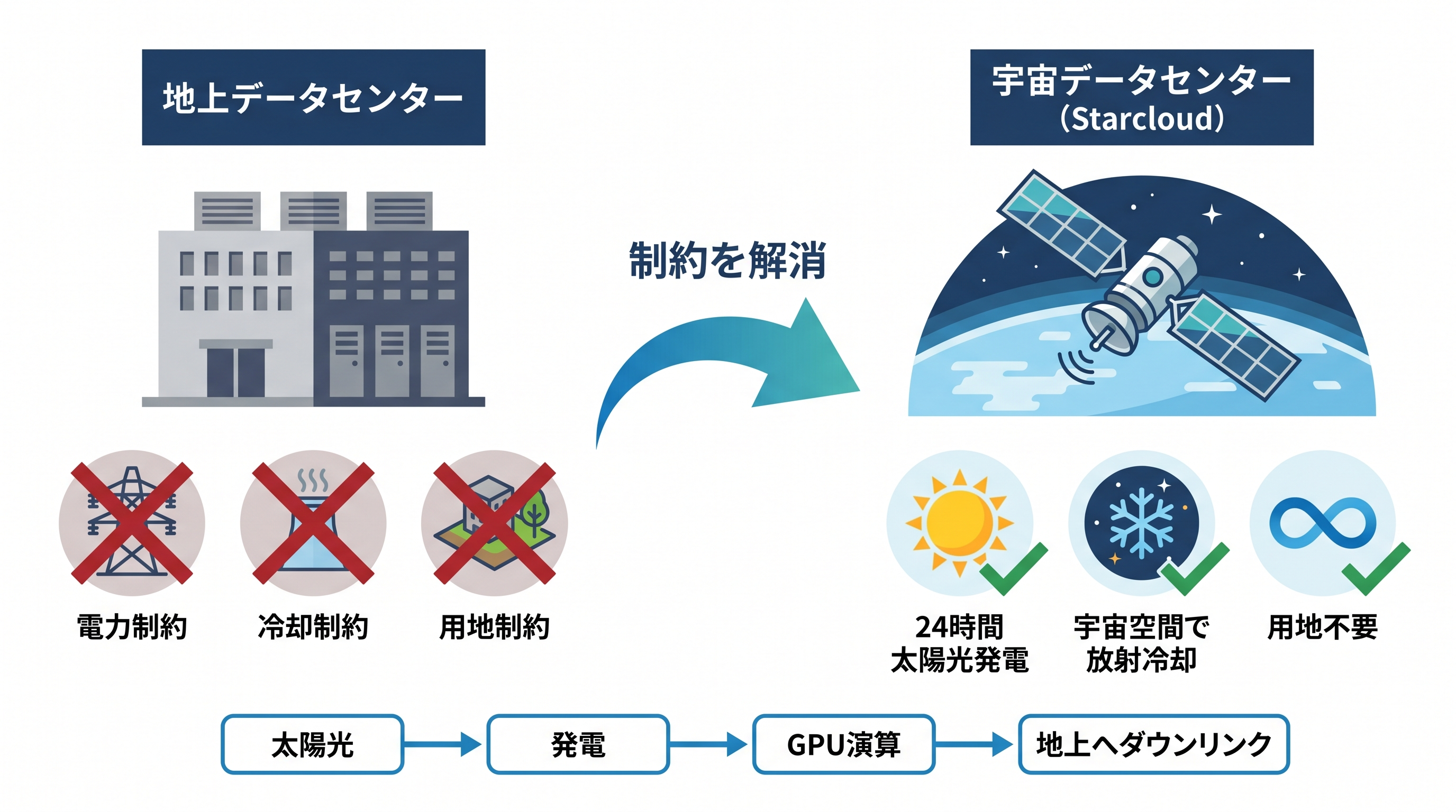 地上データセンターの3大制約（電力・冷却・用地）と宇宙データセンターによる解消の対比図。左側に地上DCの制約アイコン、右側にStarcloud衛星の太陽光発電・放射冷却・用地不要の利点を配置し、下部に太陽光から地上ダウンリンクまでのデータフローを示す