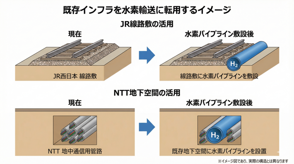 JR線路敷とNTT地下管路を水素パイプラインに転用するビフォーアフターのイメージ図。上段はJR線路の脇に水素パイプラインを敷設した断面図、下段はNTT地中管路の一部を水素パイプラインに転用した断面図。