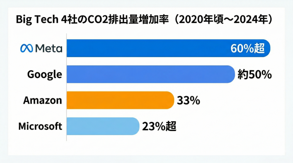 Big Tech 4社のCO2排出量増加率を示す横棒グラフ。Meta60%超、Google約50%、Amazon33%、Microsoft23%超。2020年頃から2024年までの変化。