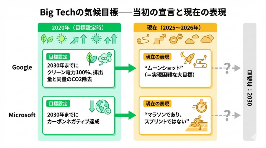 GoogleとMicrosoftの気候目標の表現変化を示すタイムライン図。2020年の目標設定時は前向きな宣言だったが、現在はGoogleが「ムーンショット」、Microsoftが「マラソン」とトーンダウンしている。