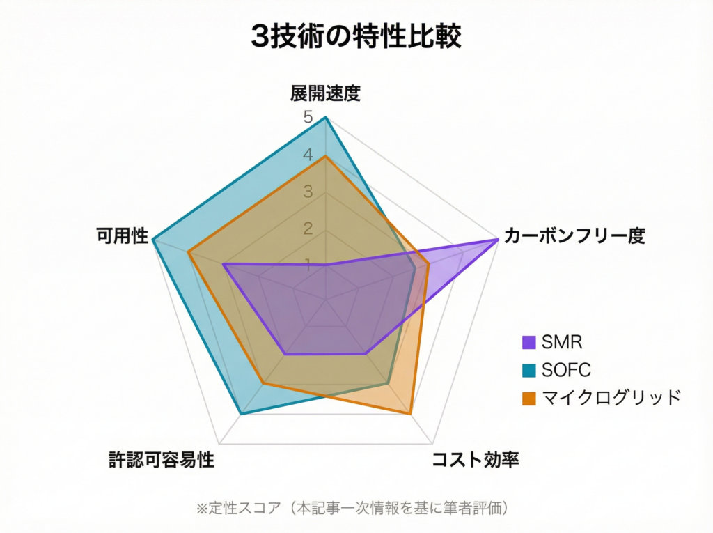 レーダーチャート：展開速度・カーボンフリー度・可用性・コスト効率・許認可容易性の5軸でSMR（紫）・SOFC（青緑）・マイクログリッド（琥珀）を5段階評価で比較。SOFCは展開速度と可用性が最高。SMRはカーボンフリー度のみ突出。マイクログリッドはバランス型の五角形を形成。