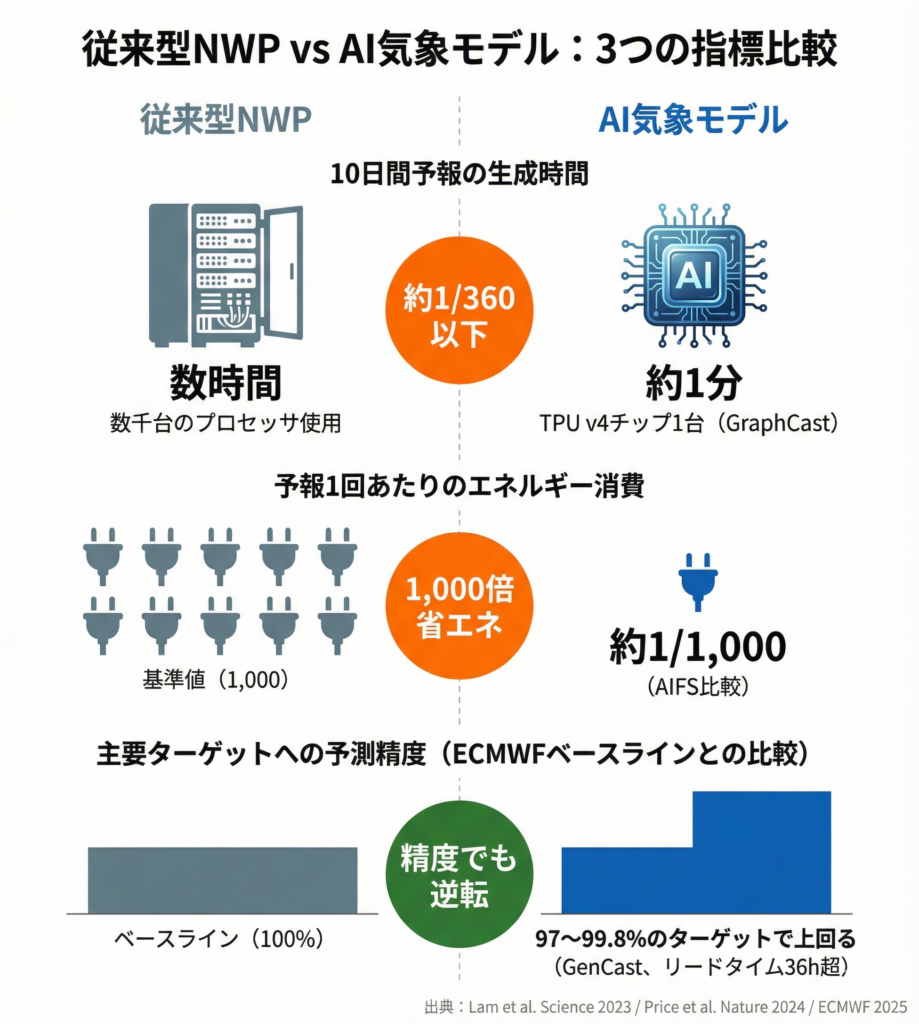 従来型数値気象予報（NWP）とAI気象モデルを計算時間・エネルギー消費・予測精度の3指標で比較したインフォグラフィック。計算時間はNWPの数時間に対しAIは約1分、エネルギー消費はAIが約1,000分の1、予測精度はAIが97〜99.8%のターゲットで従来型を上回ることを示している。