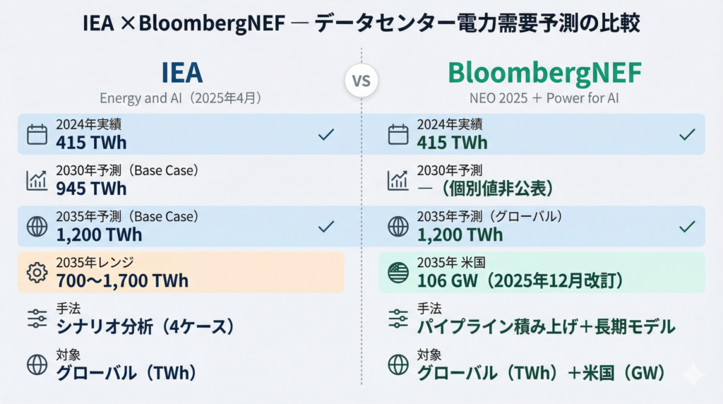 IEAとBloombergNEFのデータセンター電力需要予測を左右2カラムで比較したインフォグラフィック。左列がIEA（2024年実績415 TWh、2030年Base Case 945 TWh、2035年Base Case 1,200 TWh、2035年レンジ700〜1,700 TWh、手法はシナリオ分析4ケース）、右列がBNEF（2035年グローバル1,200 TWh、2035年米国106 GW、手法はパイプライン積み上げと長期モデル）。2024年実績と2035年グローバル予測が一致していることを帯で強調。